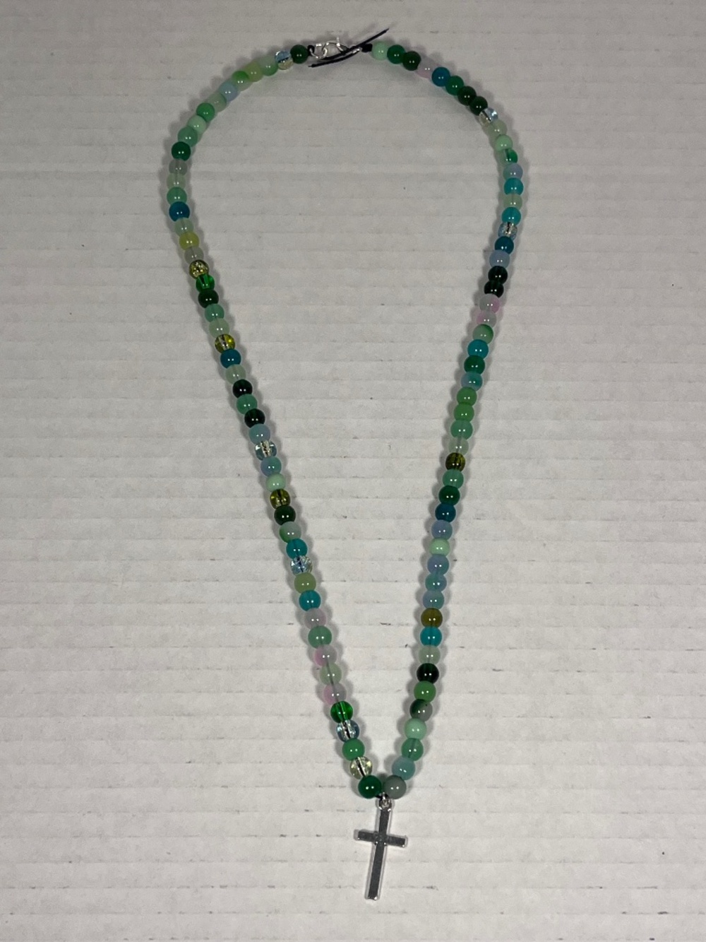 Silver Cross Green Glass Bead Necklace ~23 inches